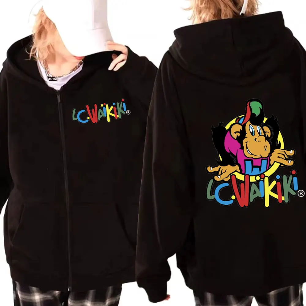 Lc Waiting-Monkey Print Zipper Hoodies para homens e mulheres, camisolas com zíper, pulôveres soltos de lã, estética Y2K, alta qualidade, moda