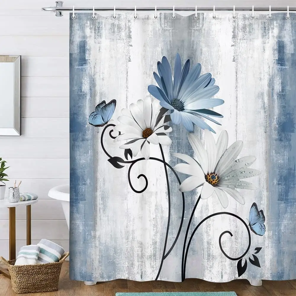 

Rustic Daisy Shower Curtain Polyester Waterproof Bathroom Curtain Thickened with hooks Floral Butterfly Curtain Home Decor