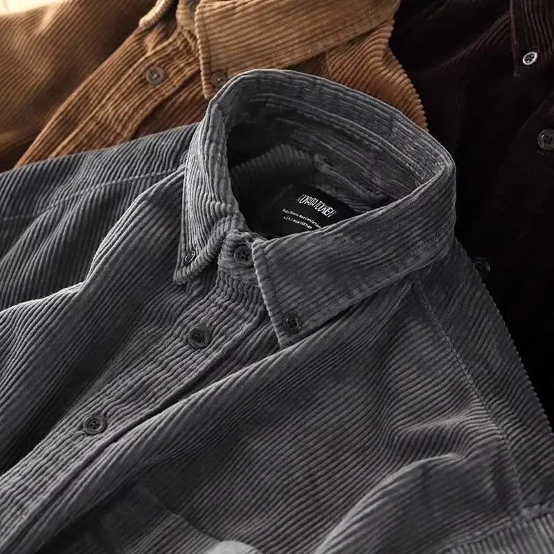 High-End Men's Corduroy Work Shirt Jacket Worn-Resistant Loose Fit Spring Autumn Heavy Duty Shirt with Multiple Pockets