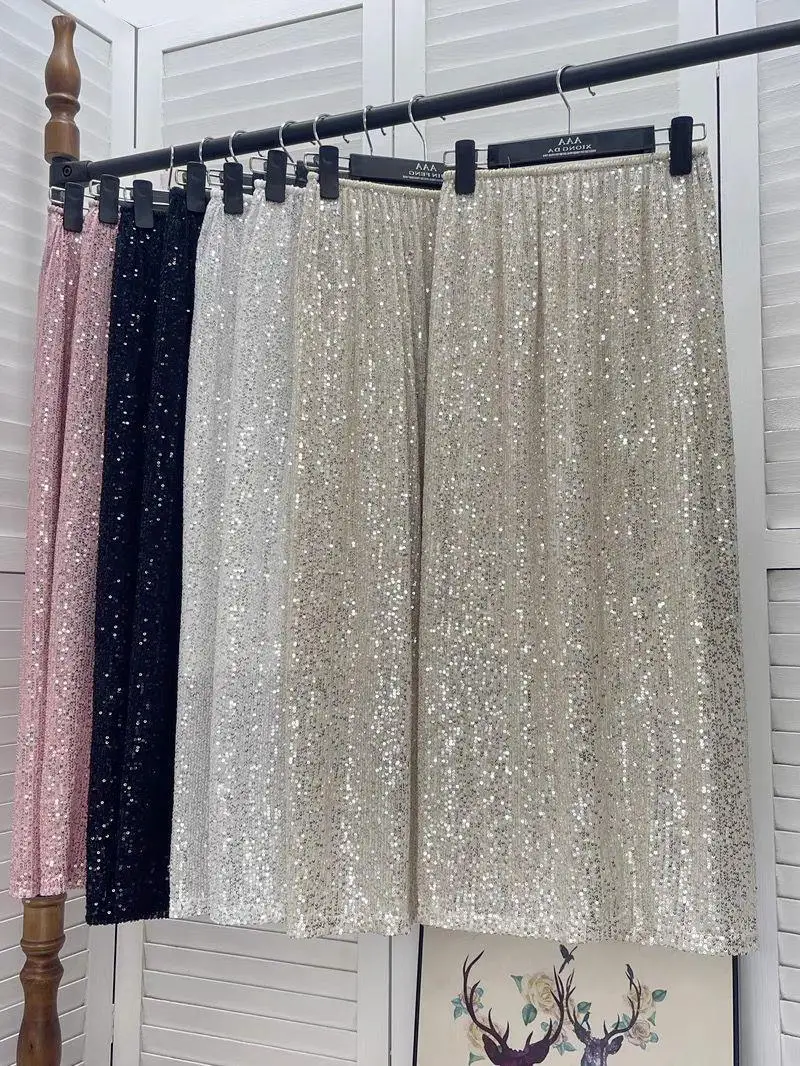 

Женская длинная юбка миди с пайетками, на резинке, с высокой талией, облегающая, прямого кроя, летняя, повседневная, свободного кроя, из полиэстера, очень большого размера