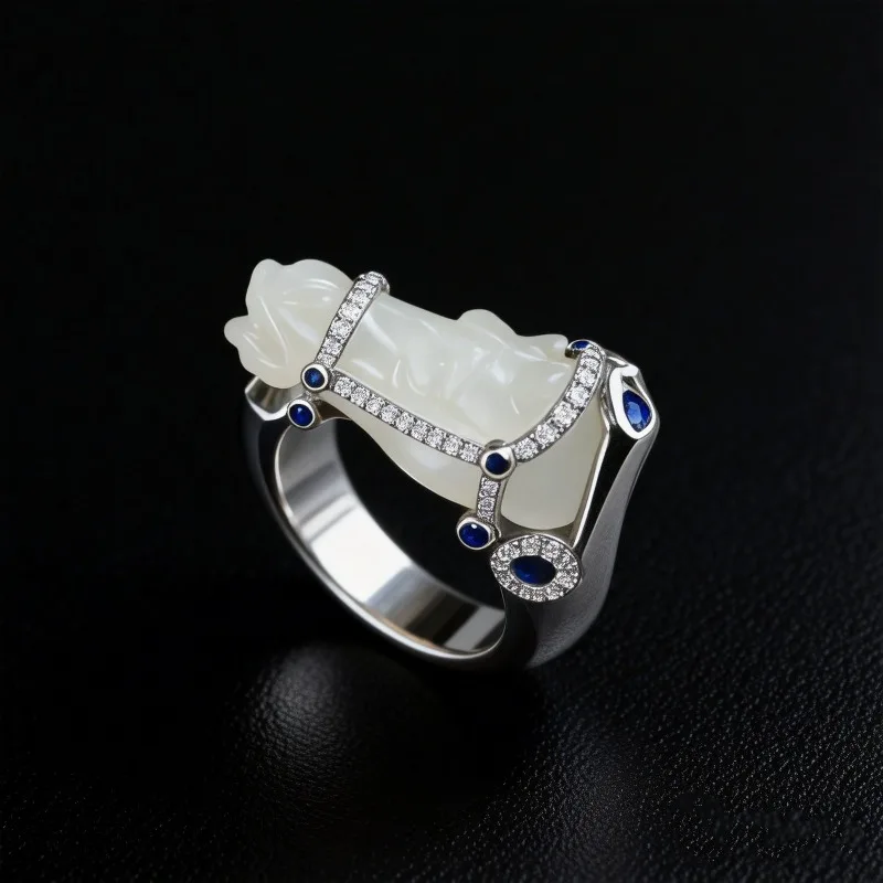 Silver Inlaid Jade Horse Head Ring, New Hetian Jade Diamond Inlaid Luxury Elegant Designer Ring for Women