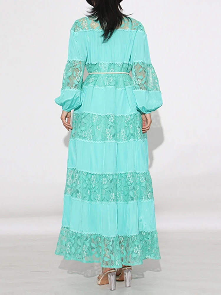 자수 컷 아웃 패치 워크 레이스 레이스 업 허리 드레스 2025 봄 여성 셔츠 드레스 패션 느슨한 다단계 퐁파두르 스커트