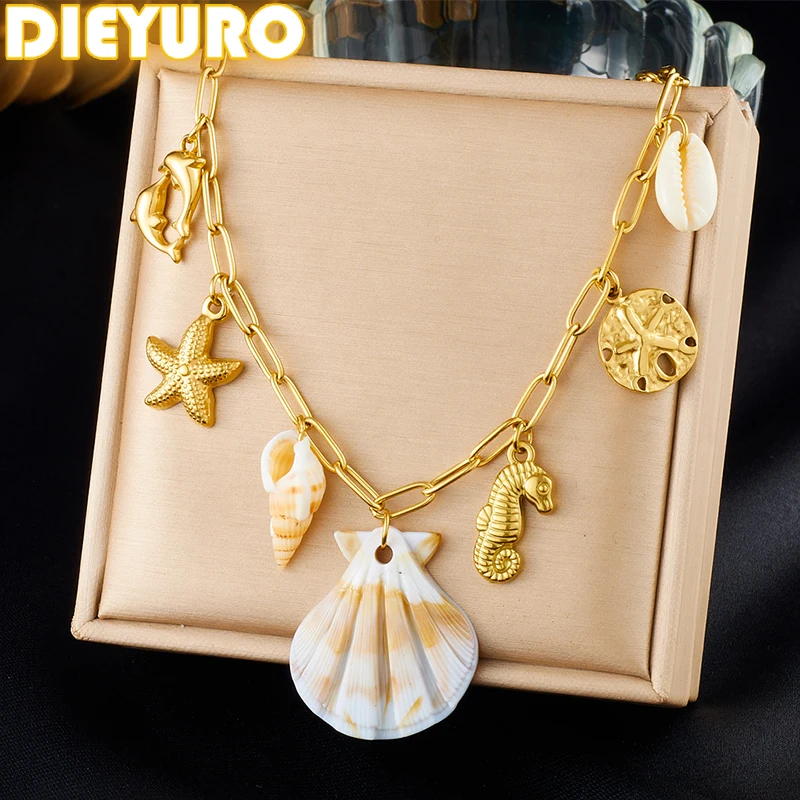 

DIEYURO 316L Stainless Steel Sea Star Conch Dolphin Shell Pendant Necklace Lady New Fashion Trend Neck Chain Jewelry Party Gift