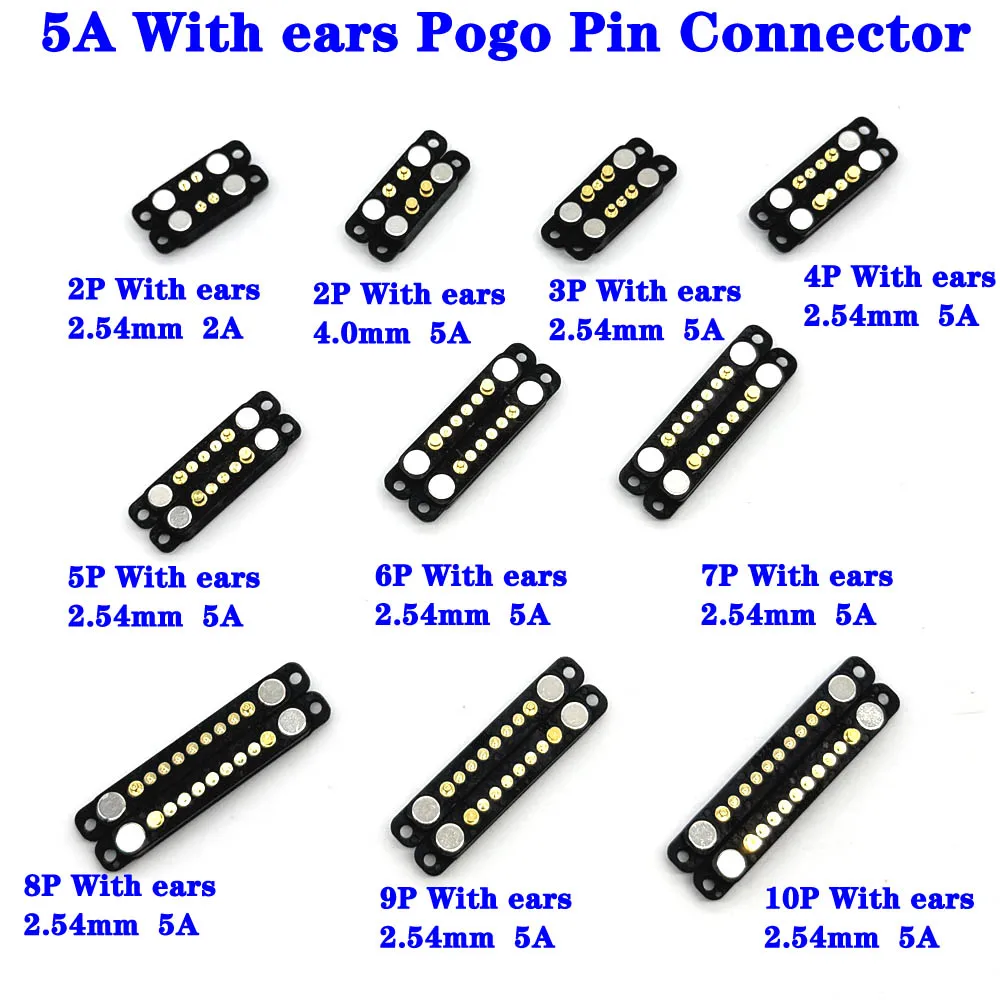 

5A With ears Waterproof Magnetic Pogo Pin Connector 2 3 4 5 6 7 8 9 10P Spring Loaded 2.54mm 4.0mm DC Power Socket Contact Strip