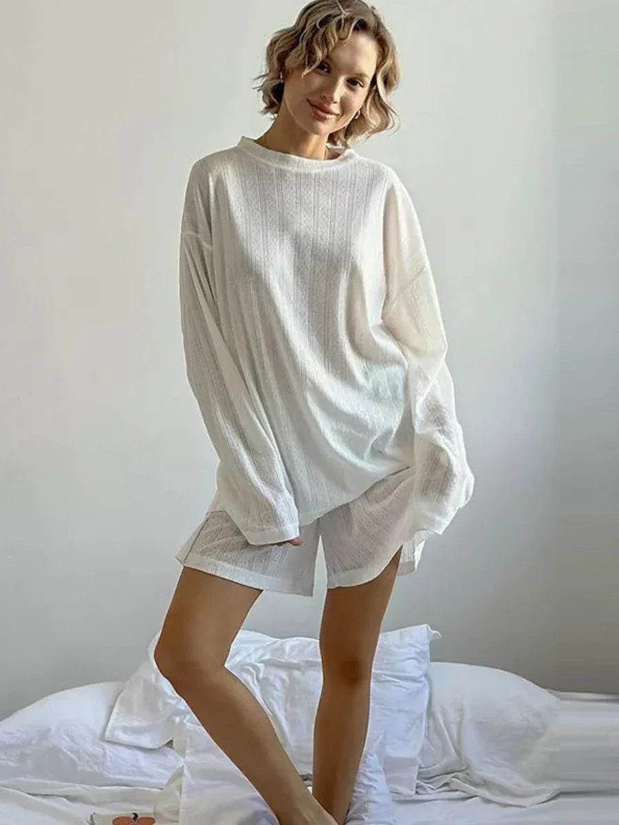 Mozuleva White Loose Breathable Knitted Pajamas Set Women\'s Round Neck Jacquard Long Sleeved Shorts Home Clothing 2-Piece Set