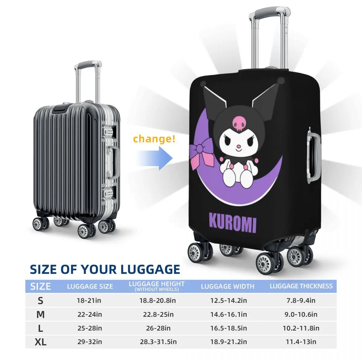 Capa elástica para mala Kuromi Moon personalizada para bagagem de viagem de 18 a 32 polegadas