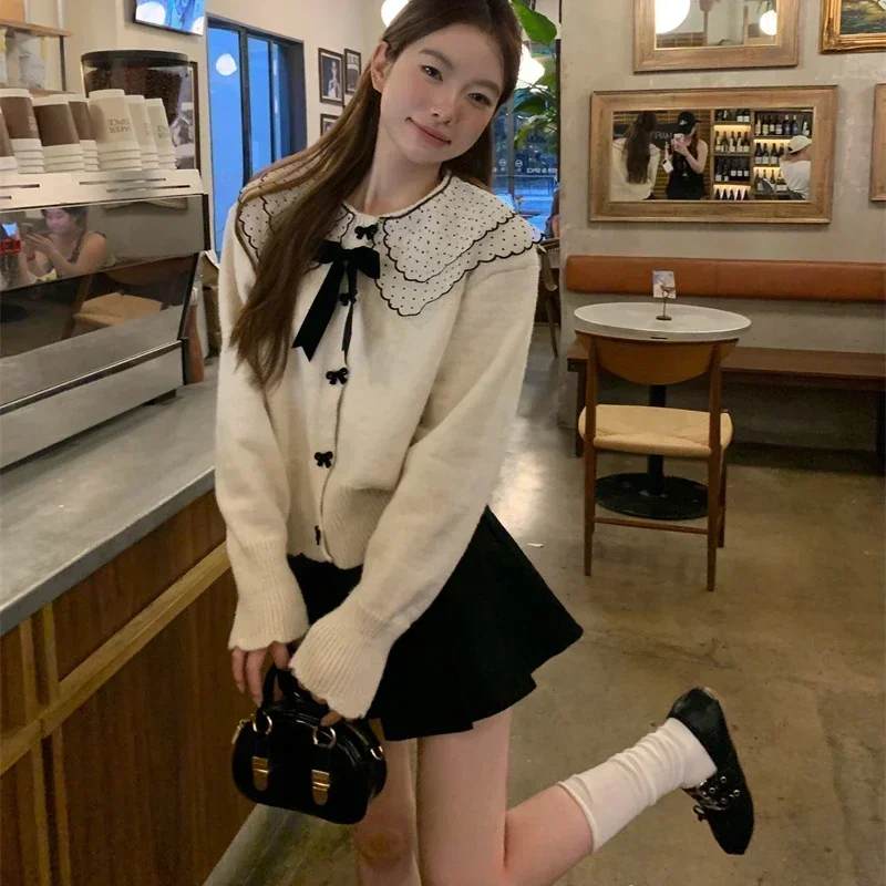 Peter Pan Kragen Strickjacke Frauen Süße Baggy Weiche Schleife Pullover Zarte Ulzzang Mode Casual Outwear Studenten Krono SEMди Ж Diego