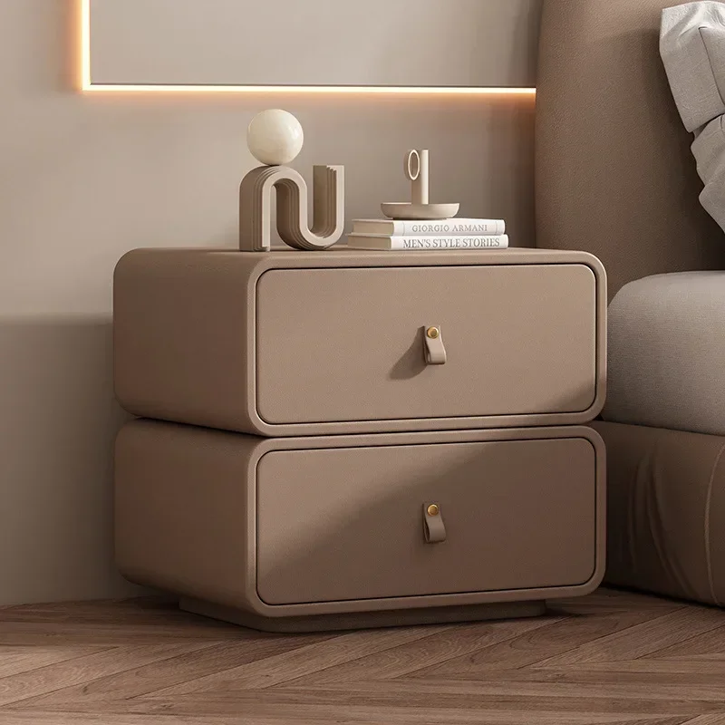 Cream wind bedside bedroom cabinet Household bedside cabinet Premium light luxury leather storage cabinet Free installation