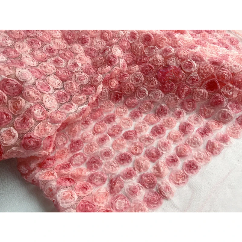 Fabric Wide125x50cm Pink Rose Three-Dimensional Flower Mesh Creative Embroidery Diy Shawl Dress Hanfu Spring and Summer Clothing