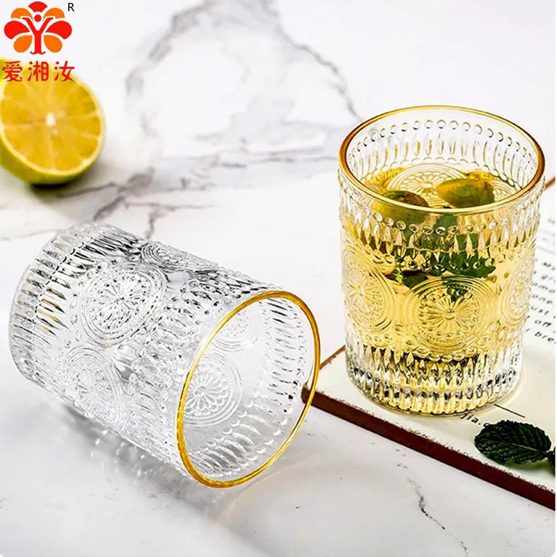 Aixiangru-Retro Embossed Sunflower Glass Cup, Nordic Ins Wind, High Value Cup, Tea Shop Juice Cold Drink Cup, Flask Water Bottle