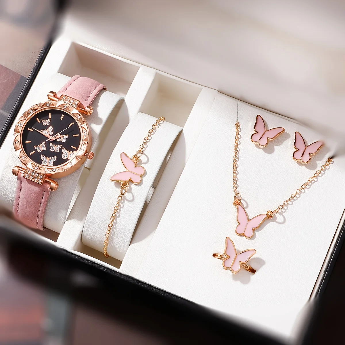 6 Stks/set Dameshorloge Elegant Vlinder Quartz Horloge Luxe Strass Analoog Polshorloge & Sieraden Set, Cadeau Voor Mama Haar