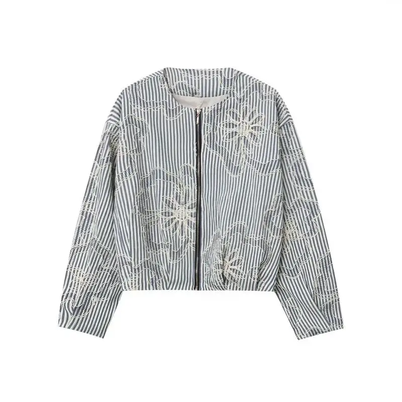 

Women's Long Sve round Ne Jaet Stripe Embroidery Outerwear Spring Autumn Faion Casual Sli Thin PU Material