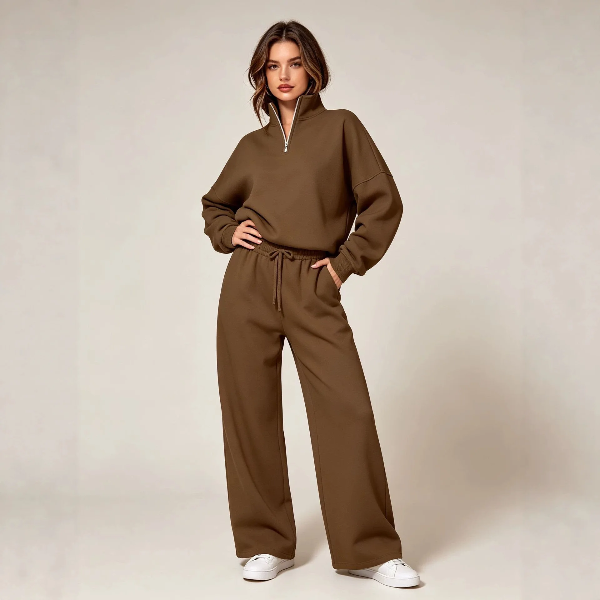 Fashion Women's 2-Piece Set 2026 Women's Set Women's Sports Set Lapel Zipper Patch Full Sleeve Sweatshirt Elastic Waist Pants