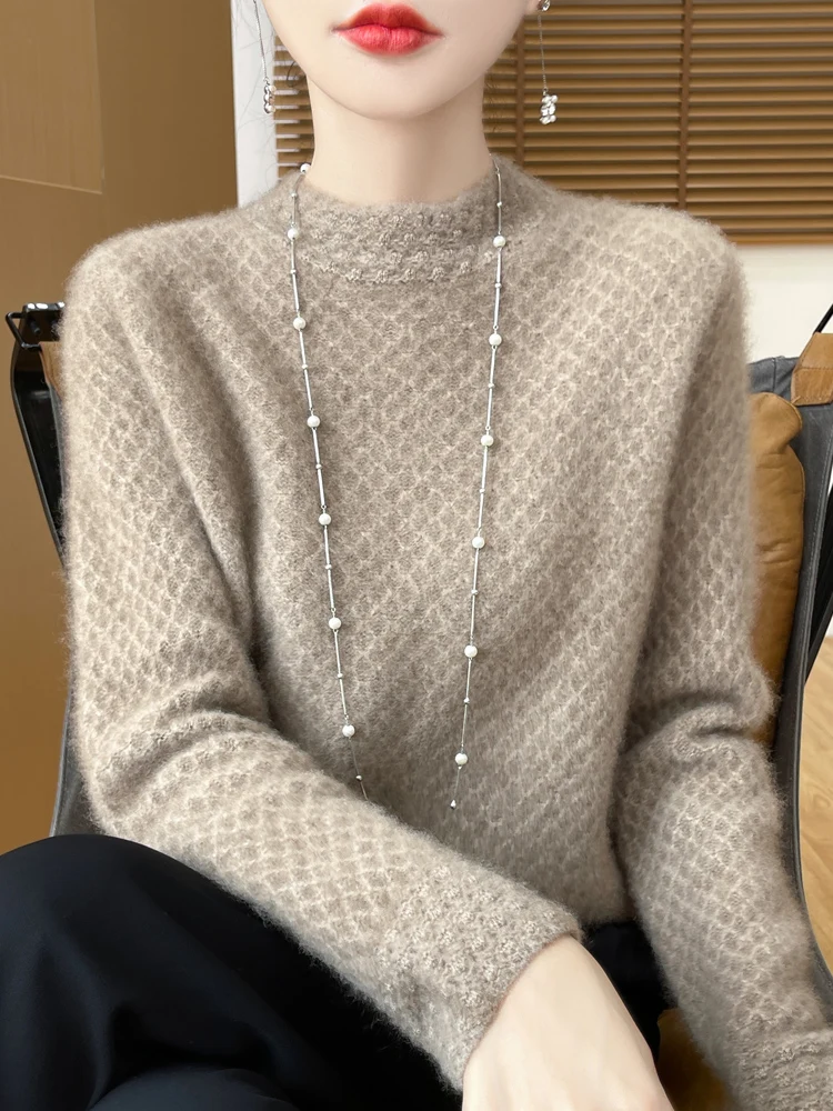 

Ladies' Mockneck 100% Merino Wool Pullover Knitted Sweater Inside Autumn Winter Long Sleeved Warm Cashmere Classic Knitted Top