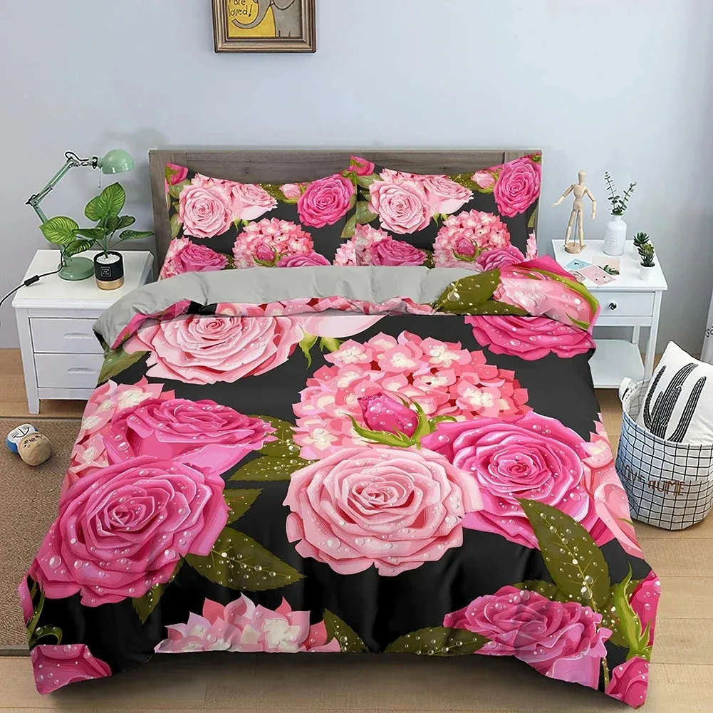 

3D Rose Flower Duvet Cover Double 210x210 Bedding Set 23pcs Quilt Cover with Zipper Closure King Size Polyester Comforter Cover