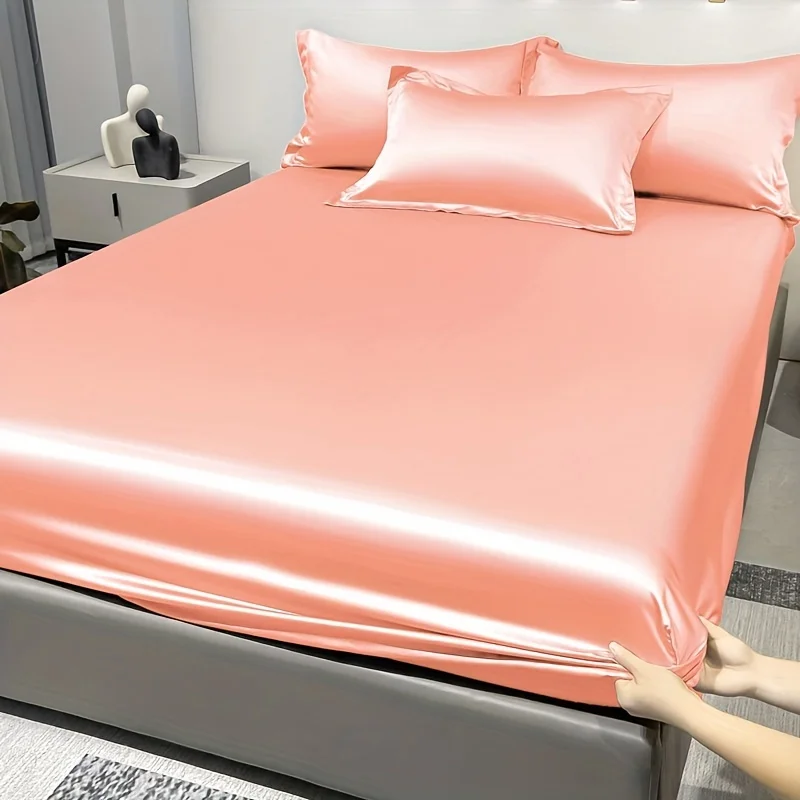 1 Simple Modern Satin Solid Color Fitted Sheet,Jade Color Ice Silk Bedspread For Bedroom,Bedding (Excluding Pillowcases)