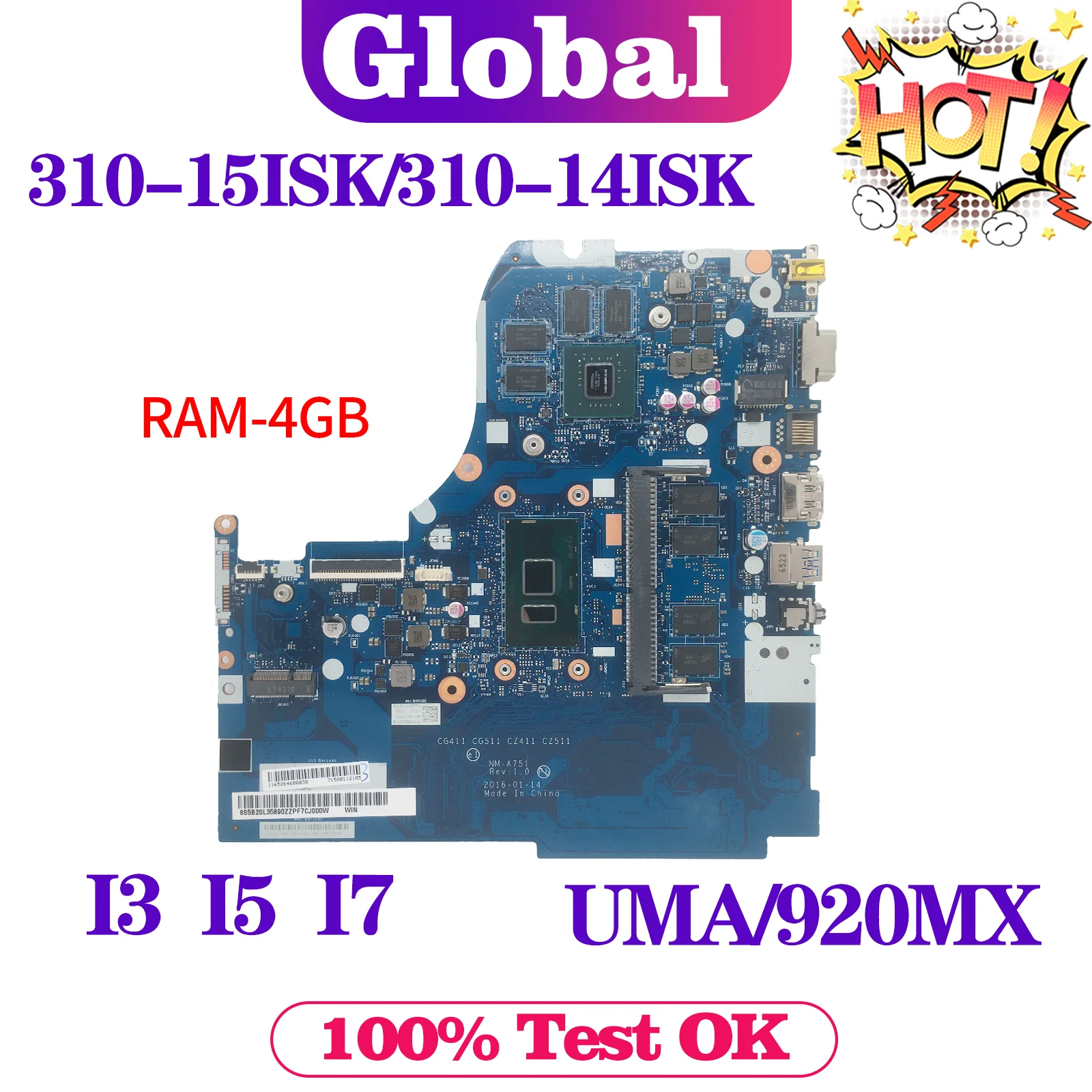 

KEFU Notebook NM-A751 NM-A752 Mainboard For Lenovo 310-15ISK 310-14ISK Laptop Motherboard i3 i5 i7 4GB/RAM UMA/920MX MAIN BOARD