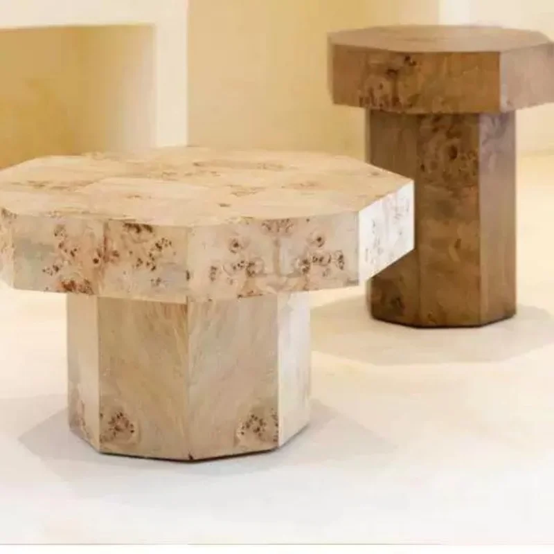 Simple carpenter-made wooden rural traditional-style room octagonal coffee table small space. Poplar bark coffee table.