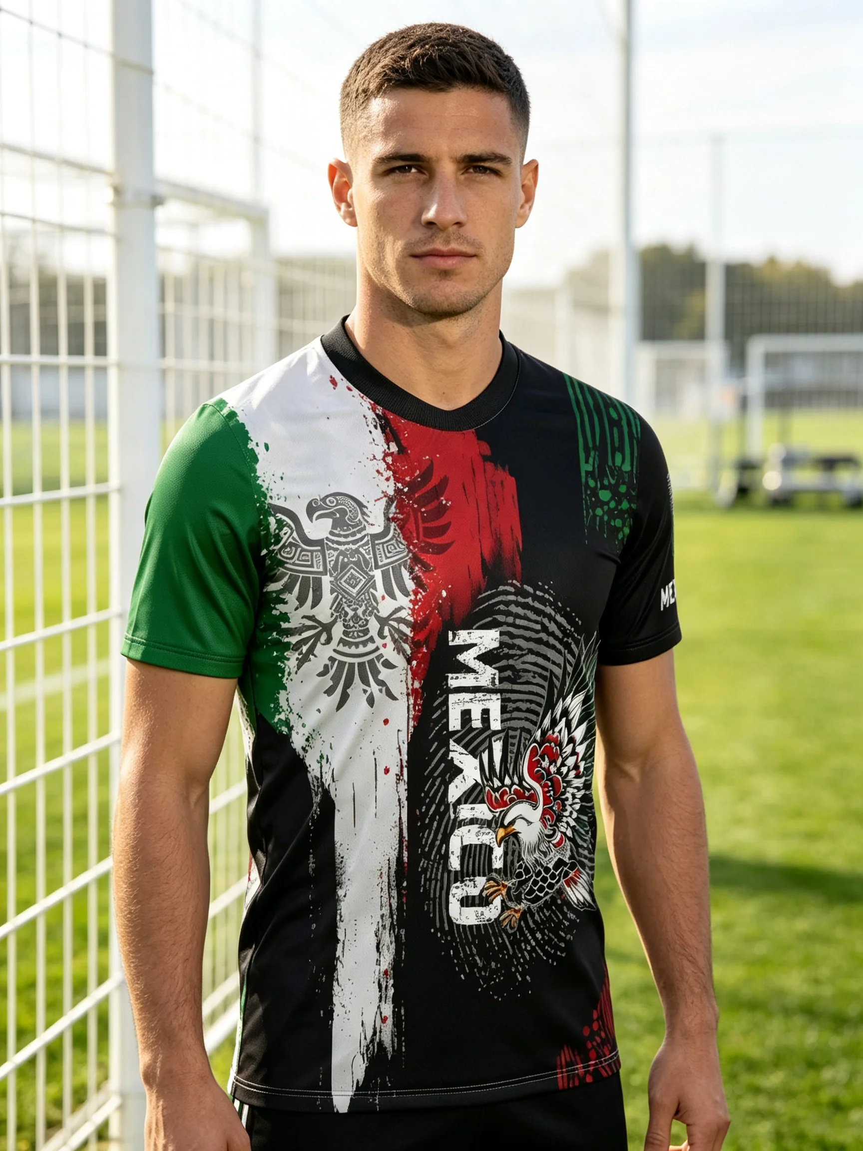 Mexico soccer jersey,flag‑color brush eagle fingerprint print,3D MEXICO lettering,quick‑dry,multiple collar styles