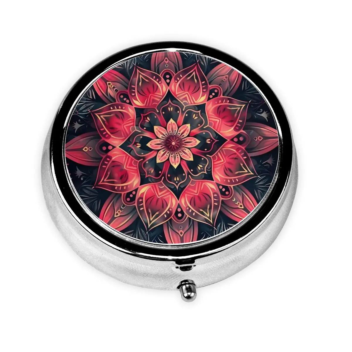 

Red Mandala Travel Round Pills Organizer Charming Flowers Colorful Floral Pattern Medicine Box Pill Box Splitters Storage Box