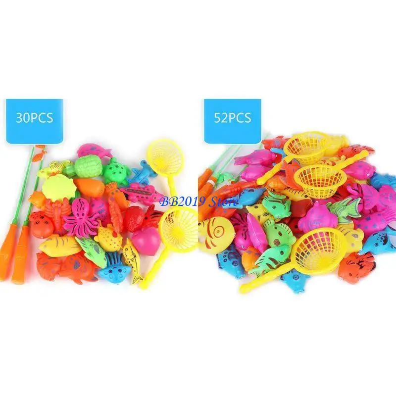 Q0KB 30/52 Pcs Fishing Plastic Fish Rod Set Kids Playing Water Gifts