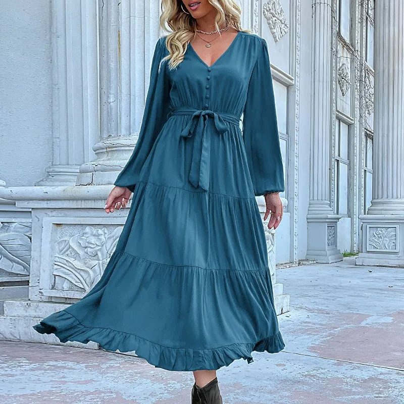 Ladies Long Solid Color Dress Elegant Fashionable 2024 New Autumn Lace Up V-neck Button A-line Long Sleeved Lantern Sleeve Dress