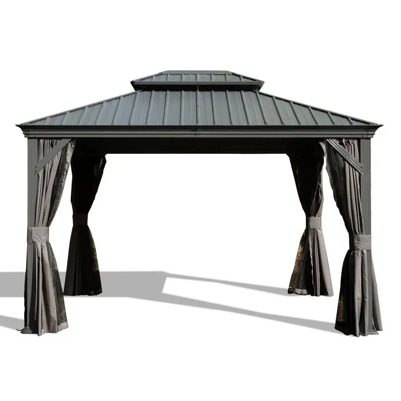 

12x14 Hardtop Gazebo, Upgraded Metal Structure with Drainage System, Dual-Layer Galvanized Steel Roof, Includes Curtains &