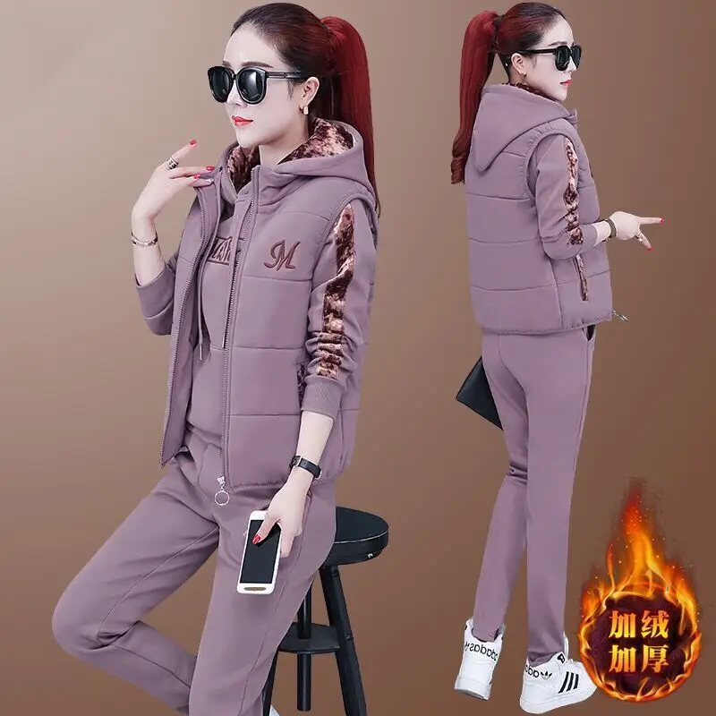 Women 3 Three Pieces Sets Autumn Winter Sweat Suit Sports Suit Hooded Jacket Trouser Vest Fleece Thickened Woman Clothing Trend