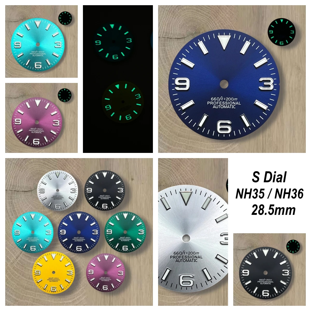 

28.5mm S Logo Sunray Dial Fit NH35/NH36/4R/7S Movement Green Luminous Watch Modification Accessories 3/3.8/4O'clock