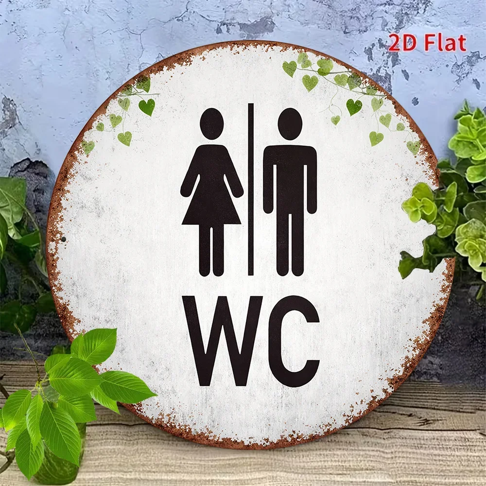 2D plane, 1 wooden circular signboard, a retro sign for the WC, decorative signs for men's and women's restrooms