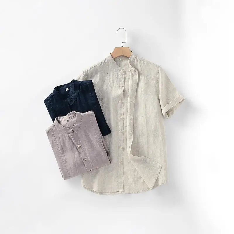

Linen Men's Standing Collar Shirt Short Sleeve Casual Style Thin Material Pure Color Casual Wear Summer Season