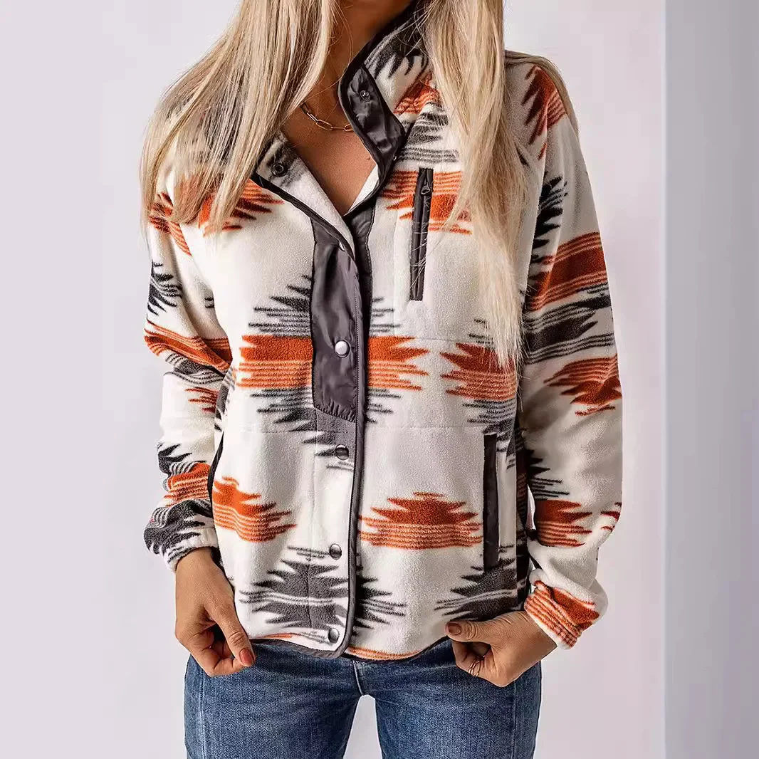 Ladies Winter New Fashion Spell Color Single-breasted Stand Collar Jacket, National Wind Printing Casual Loose  Patchwork Jacket