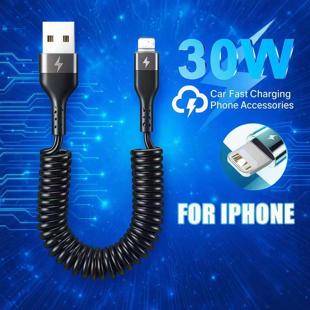 

For Apple 30W USB Fast Car Charger Cable For iPhone 14 13 12 11 Pro Max 8 Plus X XS Spring Telescopic Charging Cable Accessories