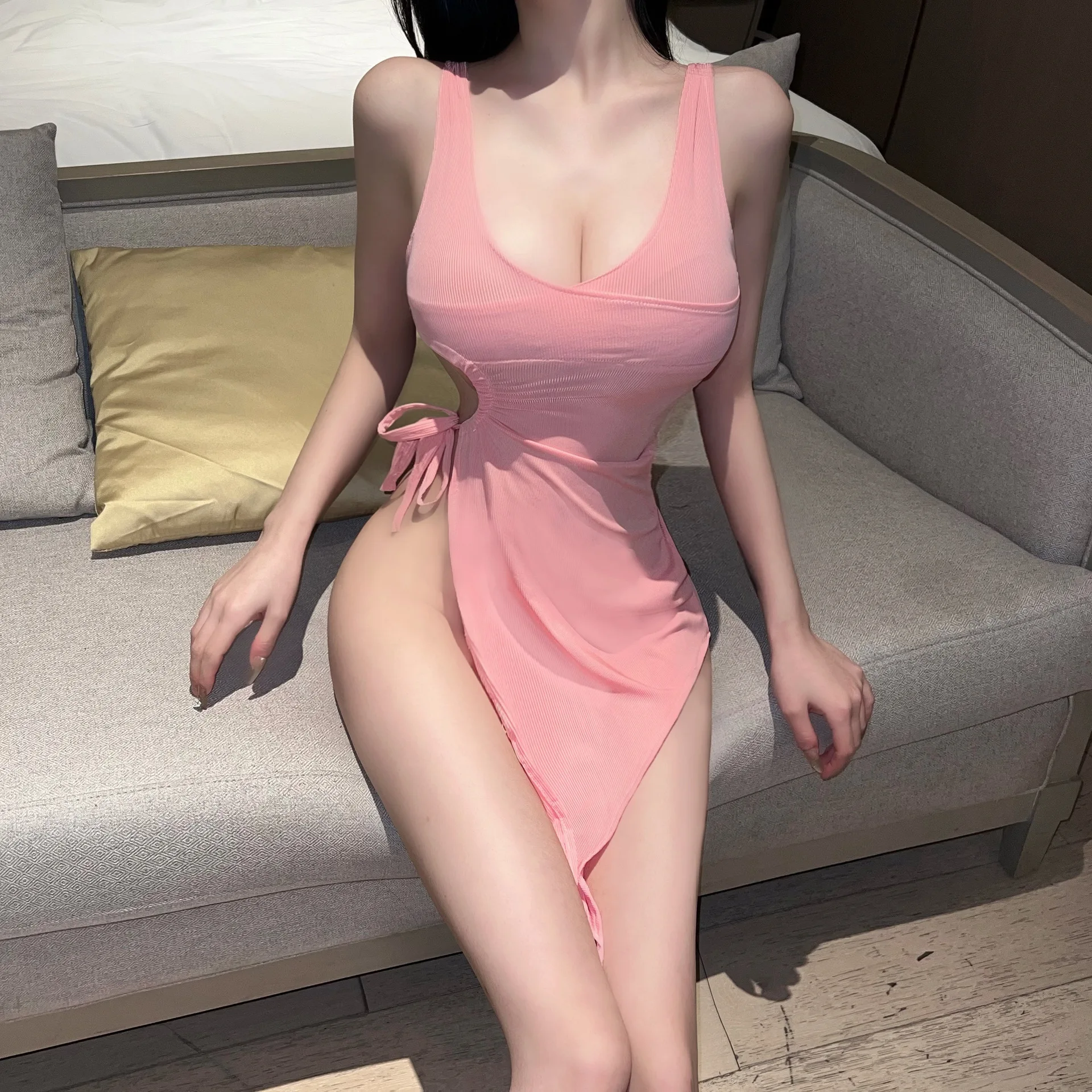 

Sexy Elegant Trendy Women's Long Sleeveless Dress Slimming Waist Side Slit Bodycon Dress Hollow Out Shoulder Strap Dress