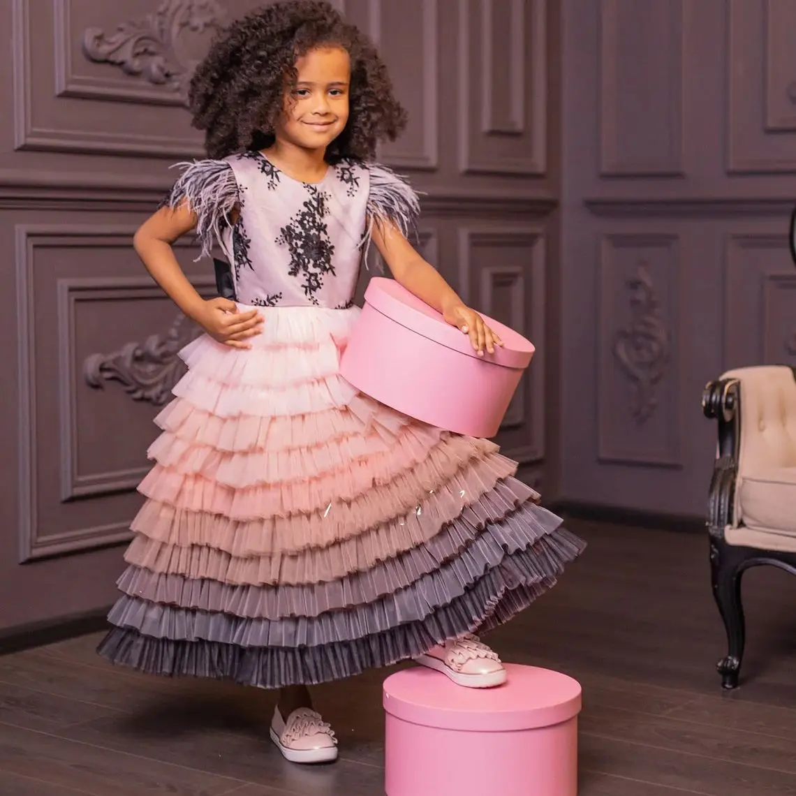 

Градиентное атласное и тюлевое платье для дня рождения для маленьких девочек, платья для выпускного вечера для девочек, вечерние платья принцессы с аппликацией