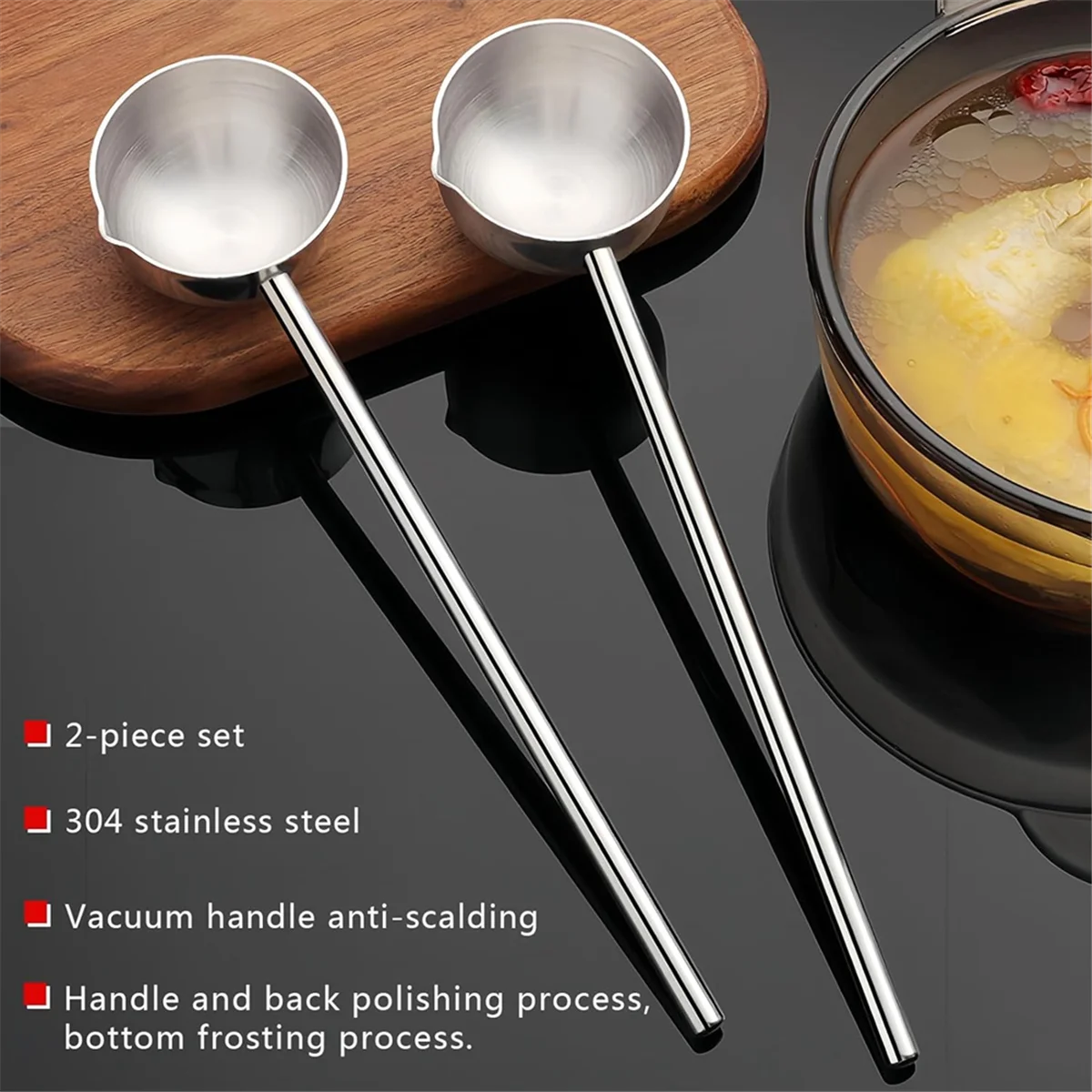 ABZL Small Soup Ladle Stainless Steel Metal Deep Spoon with Pour Spout 2 Oz Long Handle Gravy Ladles Heat-Resistant 10.5 Inch