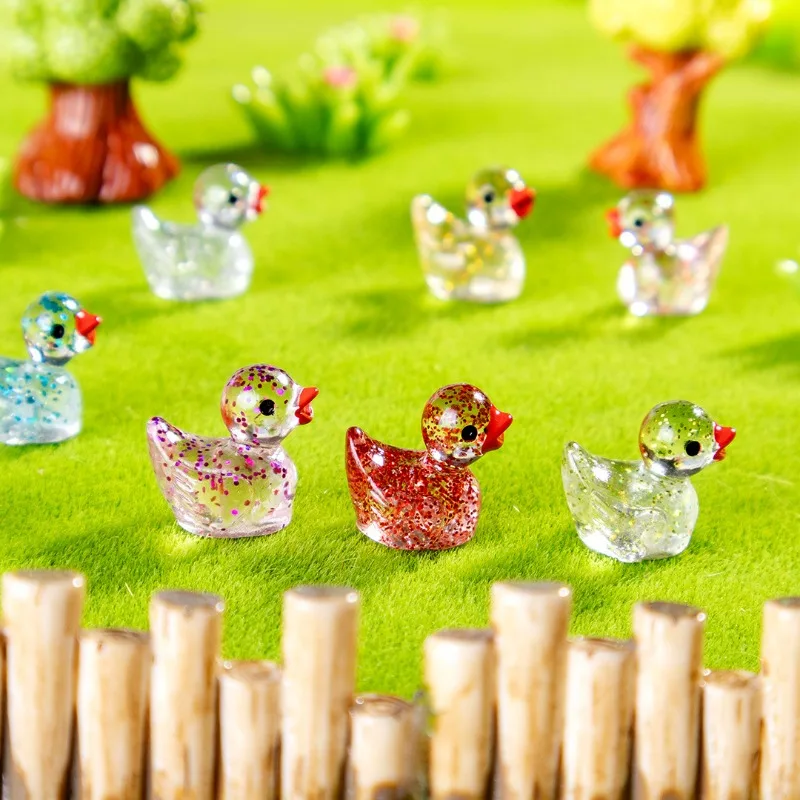 Conjunto de pato de resina luminosa, 5 peças, decoração em miniatura brilhante para jardins de fadas diy, resina segura para crianças, adesivos que brilham no escuro