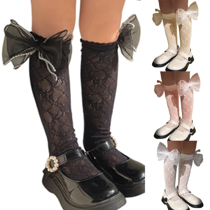 

Girls Knee Length Socks for 2 Year Above, Lovely Bowknot Decors Fishnet Socks for Stage Performances and Parties