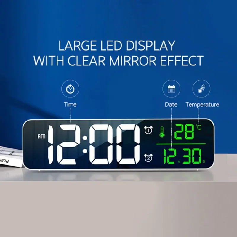 Strip Mirror LED Digital Alarm Clock Temperature Date Display Snooze USB Desktop LED Clocks for Living Room Bedrooms Decor