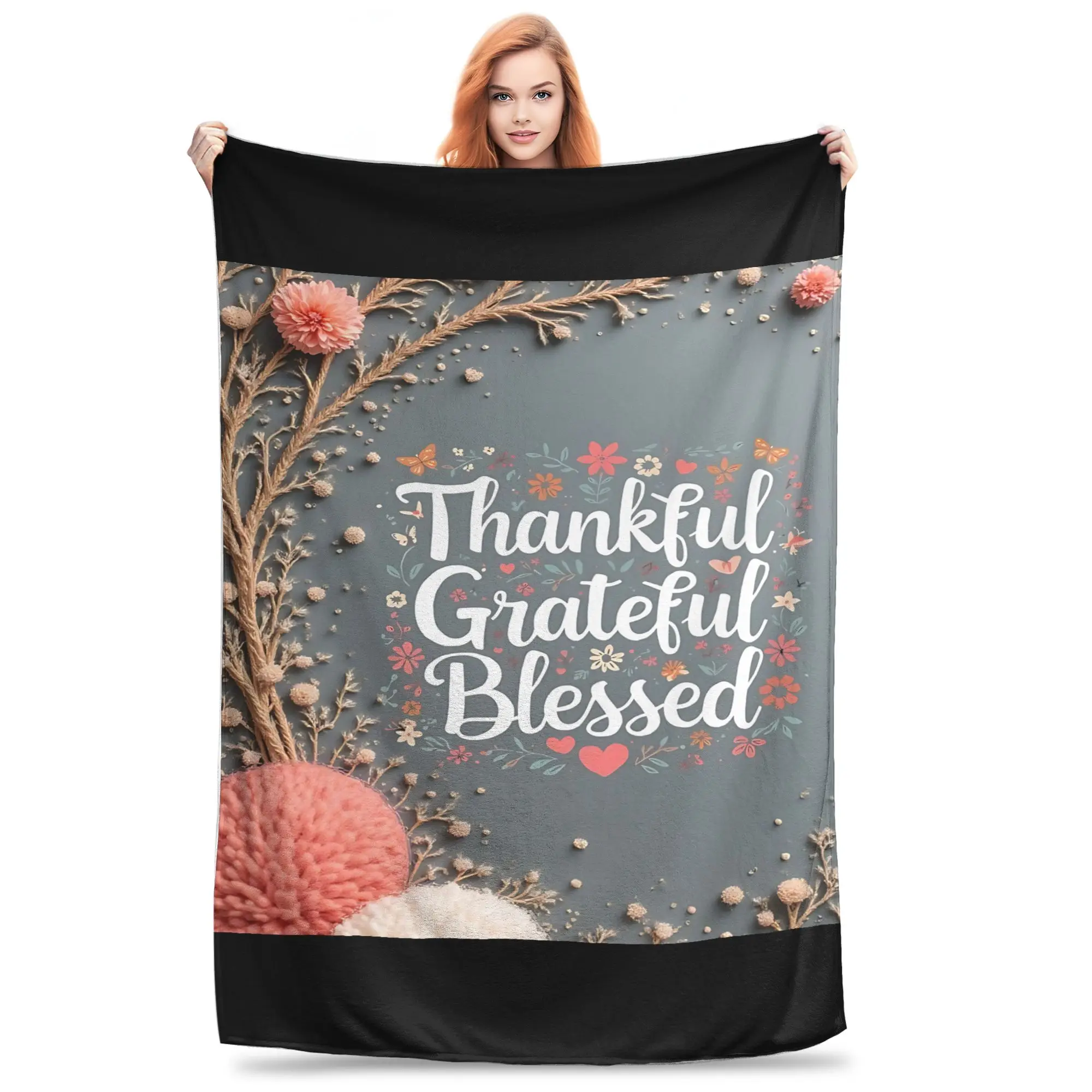 1PC Home Thankful Grateful Blessed Blanket Throw Blanket  Novelty Warm Blanket All Season Gift for Happy Halloween Give Thanks