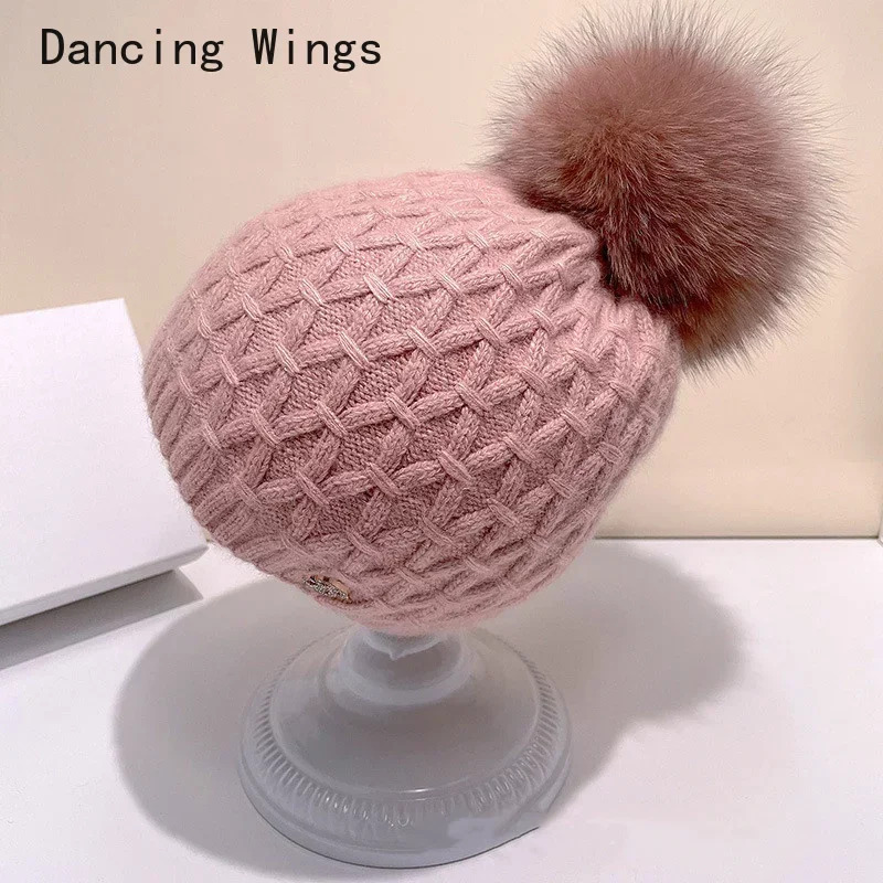 Winter Real Fox Fur Pompom Hats Women Girl Solid Knitted Beanies Caps Thick Winter Warm Hat Skullies