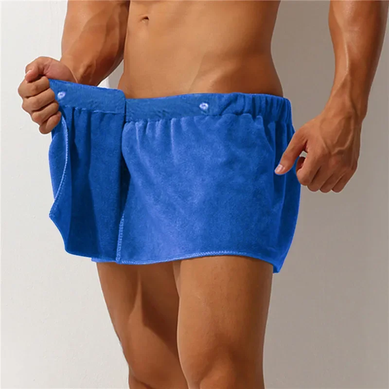 Toalha de microfibra dividida masculina roupão, calça lateral sexy, pijama para dormir, pijama macio, culottes de fundo, shorts curtos