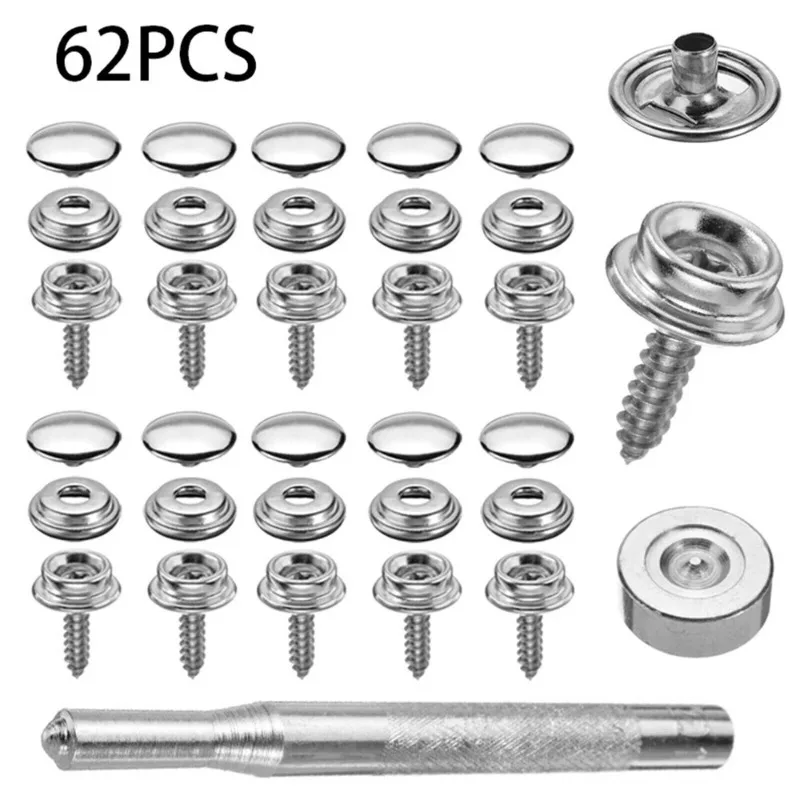 62X Stainless Steel 15mm Snap Button Fastener Kit Suit Canvas To Screw Press Poppers Boat Canopy Screws Snaps with tool