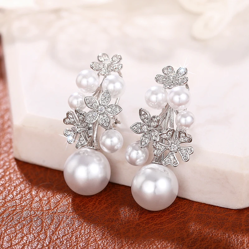 Huitan Luxury Aesthetic Pendant Earrings Female Wedding Party Jewelry with Simulated Pearl Flower Accessories for Engagement