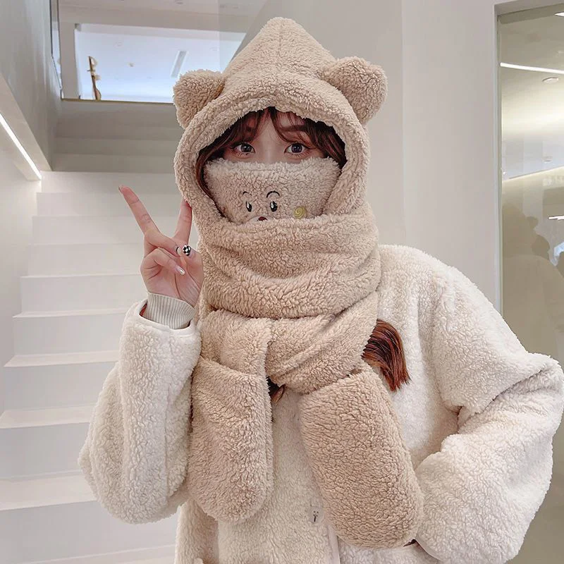 Bear Ear Scarf Hat Glove Set for Women Lamb Wool Fleece Mask One-Piece Hats Winter Windproof Warm Plush Thickened Beanies Bonnet