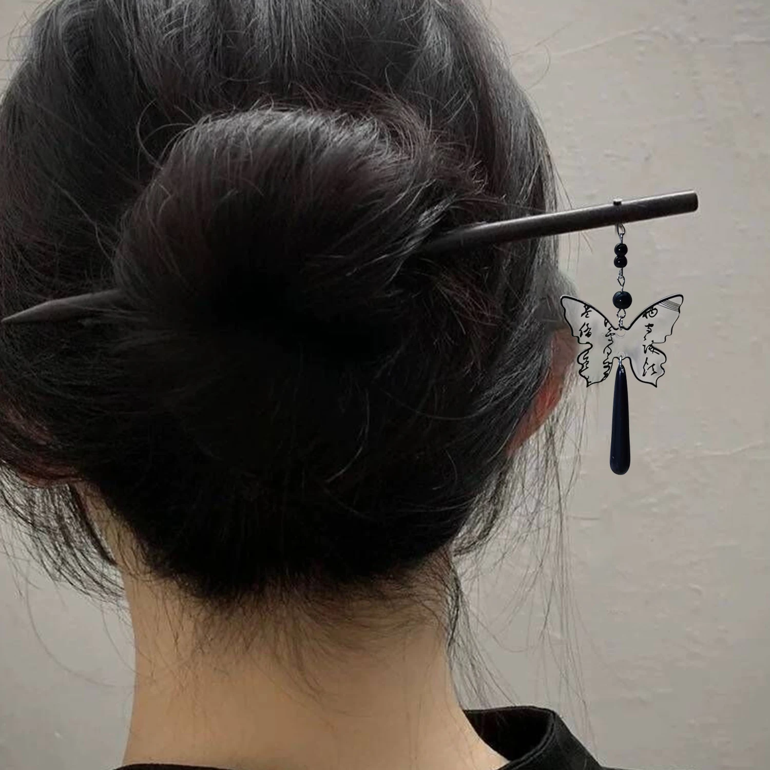 Chinese Classic Bead Hairpins Ink Calligraphy Butterfly Tassel Hair Sticks Temperament Elegant Wood Chopsticks Hair Accessories