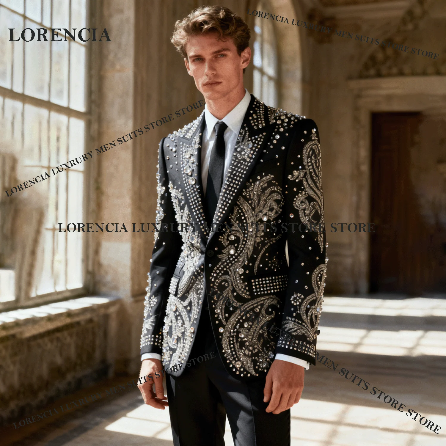 

Блестящий мужской костюм с кристаллами и бриллиантами, тонкий пиджак для жениха, комплект из 2 предметов, роскошный свадебный мужской костюм, Ropa Hombre, формальный смокинг для жениха