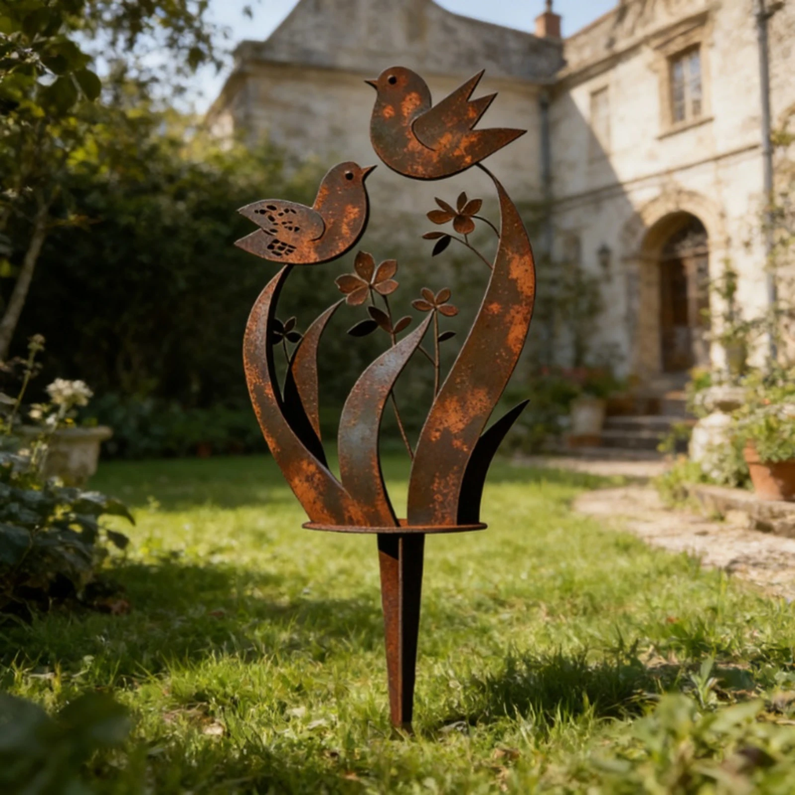 Décoration de Jardin en Métal : Piquet Rétro pour Plantes avec Oiseaux et Motifs Floraux – Stable pour Pelouse, Jardin Rustique, Ornement Artistique