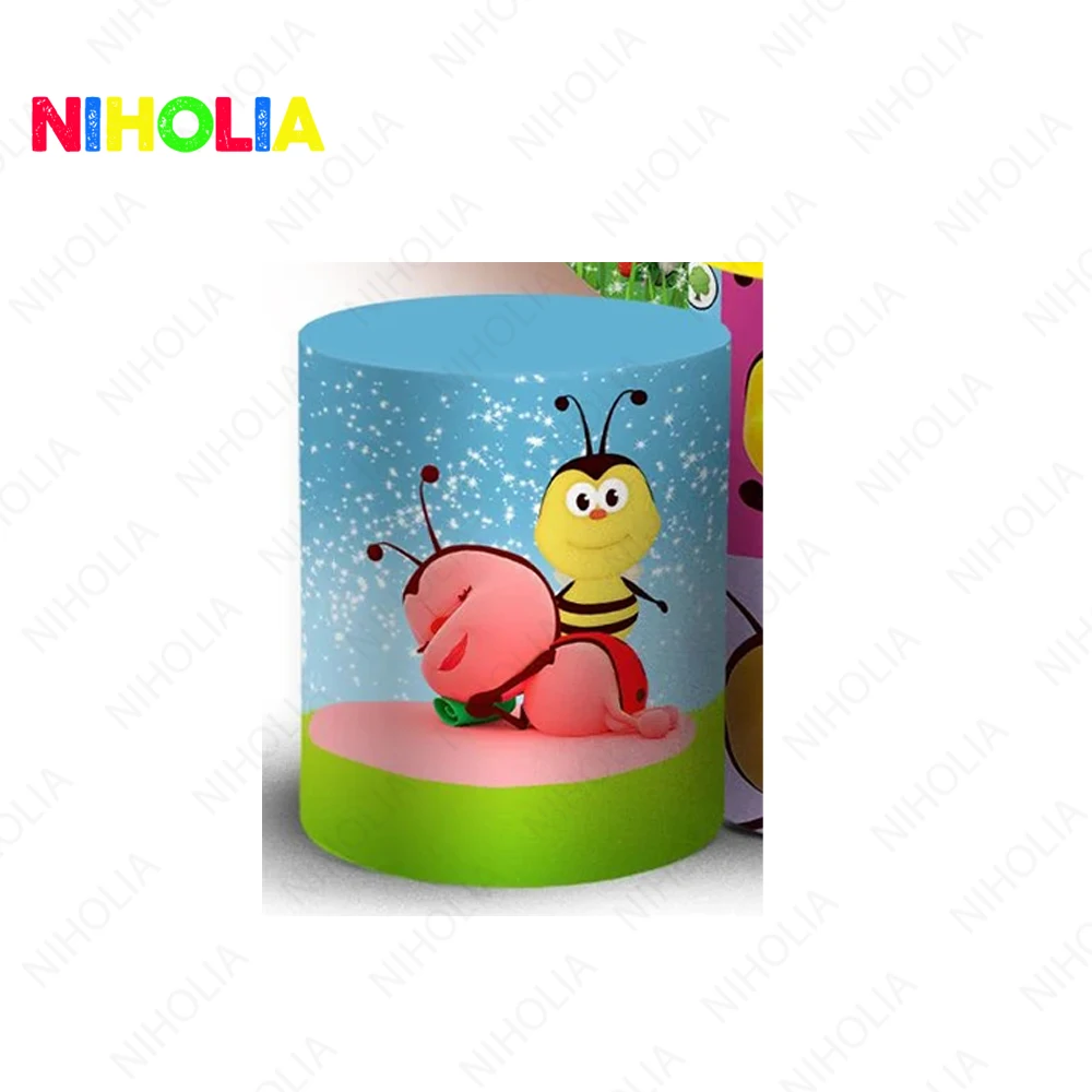 Niholia Bichi Kids Round Backdrop Kid Birthday Party Cute Colorful Bee Photo Photography Background Cake Table Cover Booth Props