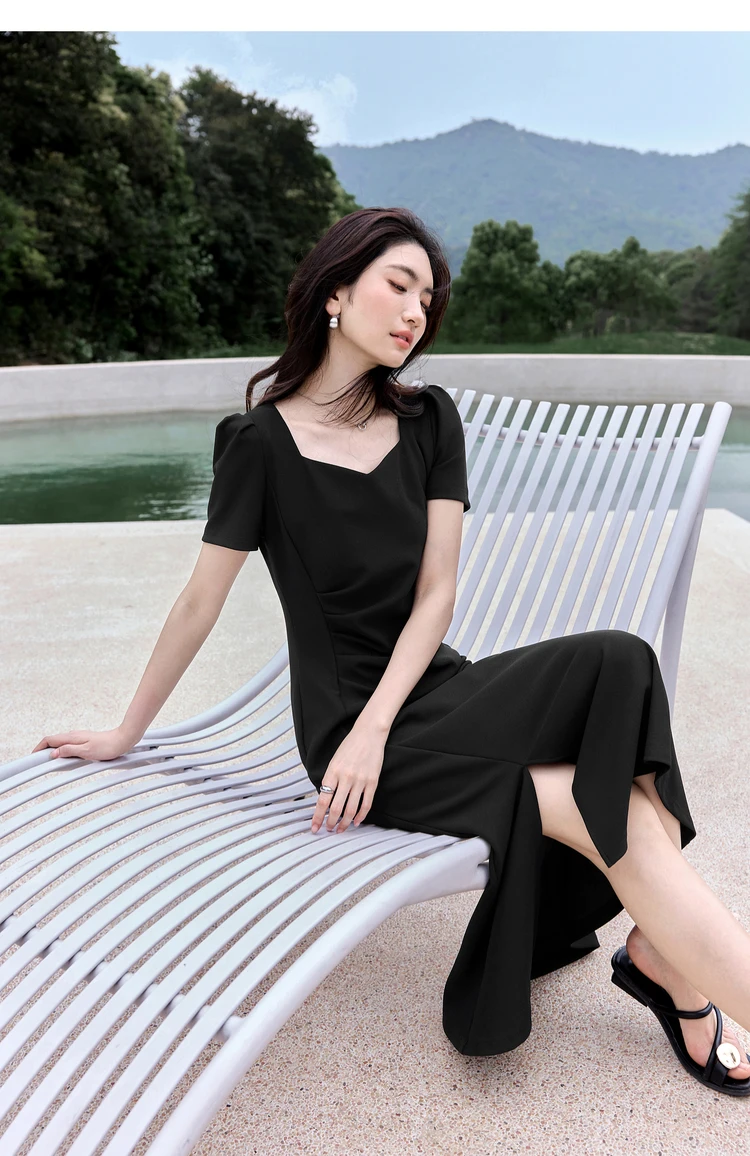 

SENTUBILA Women Dresses Summer 2025 Classics Square Collar Bubble Sleeves Hem Split Mermaid Gown Dress Luxury Dress T52LJ1820
